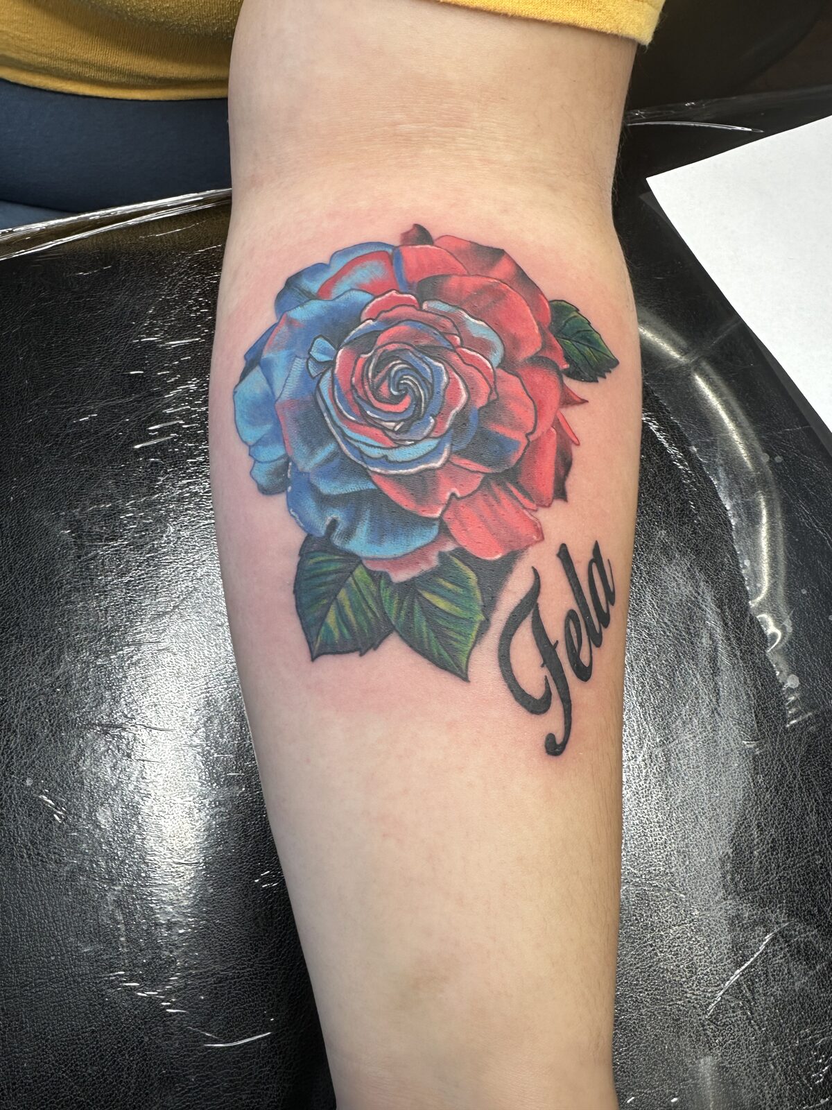 Color rose with split red and blue coloring tattoo on a forearm